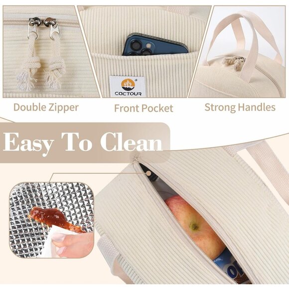 Cute Corduroy Lunch Box for Women & Teens, Insulated Tote for Work/School Beige - Picture 6 of 7